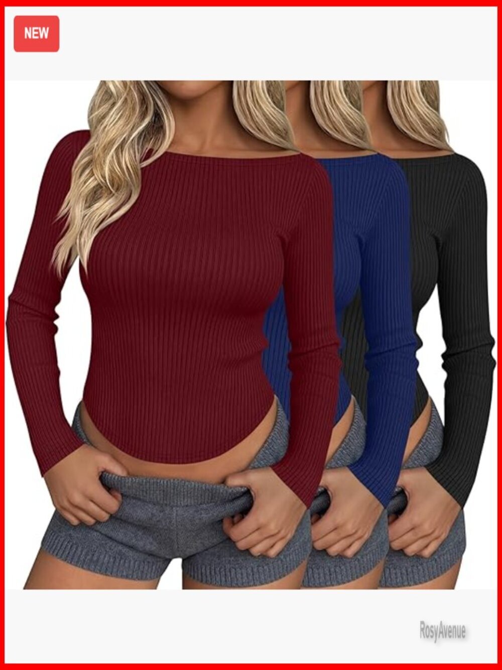 3 Pack Slim Fit Long Sleeve Ribbed Crop Tops Boat Neck Cotton Tees